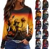 Women's Halloween Print Long Sleeve Top with Round Neck and Hem Slit for Casual Party Wear