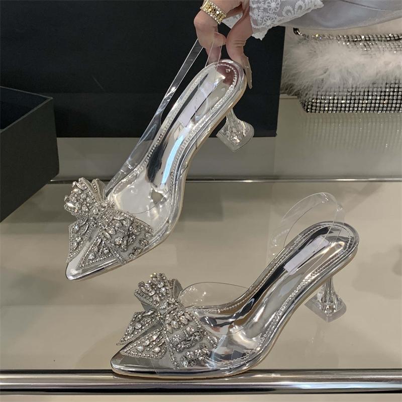 

Fashion 2025 Sexy Pointed Toe Bow Crystal PVC Transparent Women Slingbacks Pumps Elegant Thin High Heels Strippers Prom Mule Shoes 40 серебряный