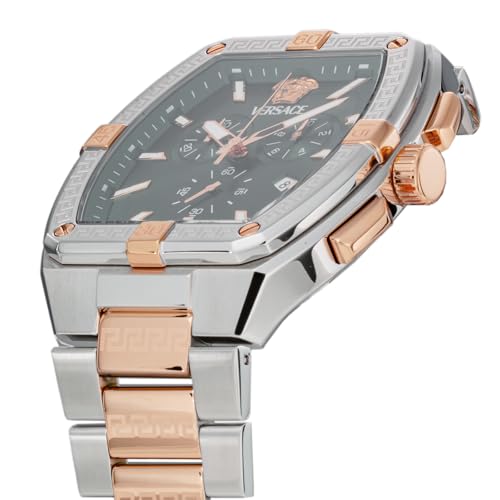 Versace Men's Sporty Tonneau Greca Watch (VESP00624) with Quartz Movement, Water Resistant, Sapphire Crystal, Silver/Pink Gold Dial, and Stainless Ste