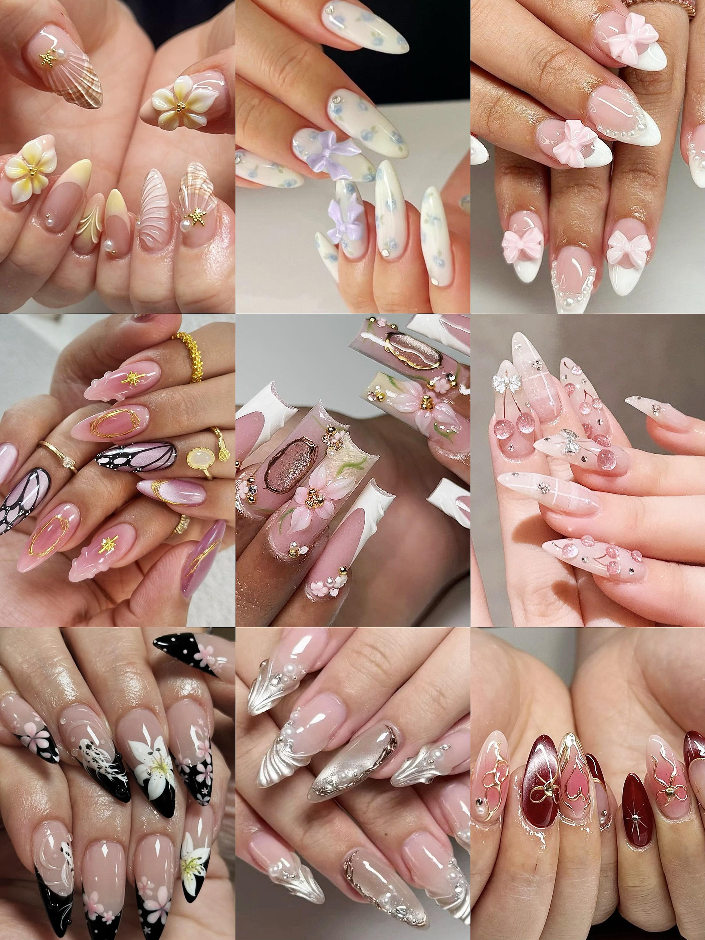 High Quality pink French Golden Three-dimensional ABS Artificial Nails Fashionable Almond Medium Length Pre-Designed 24pcs CMJ&20 g