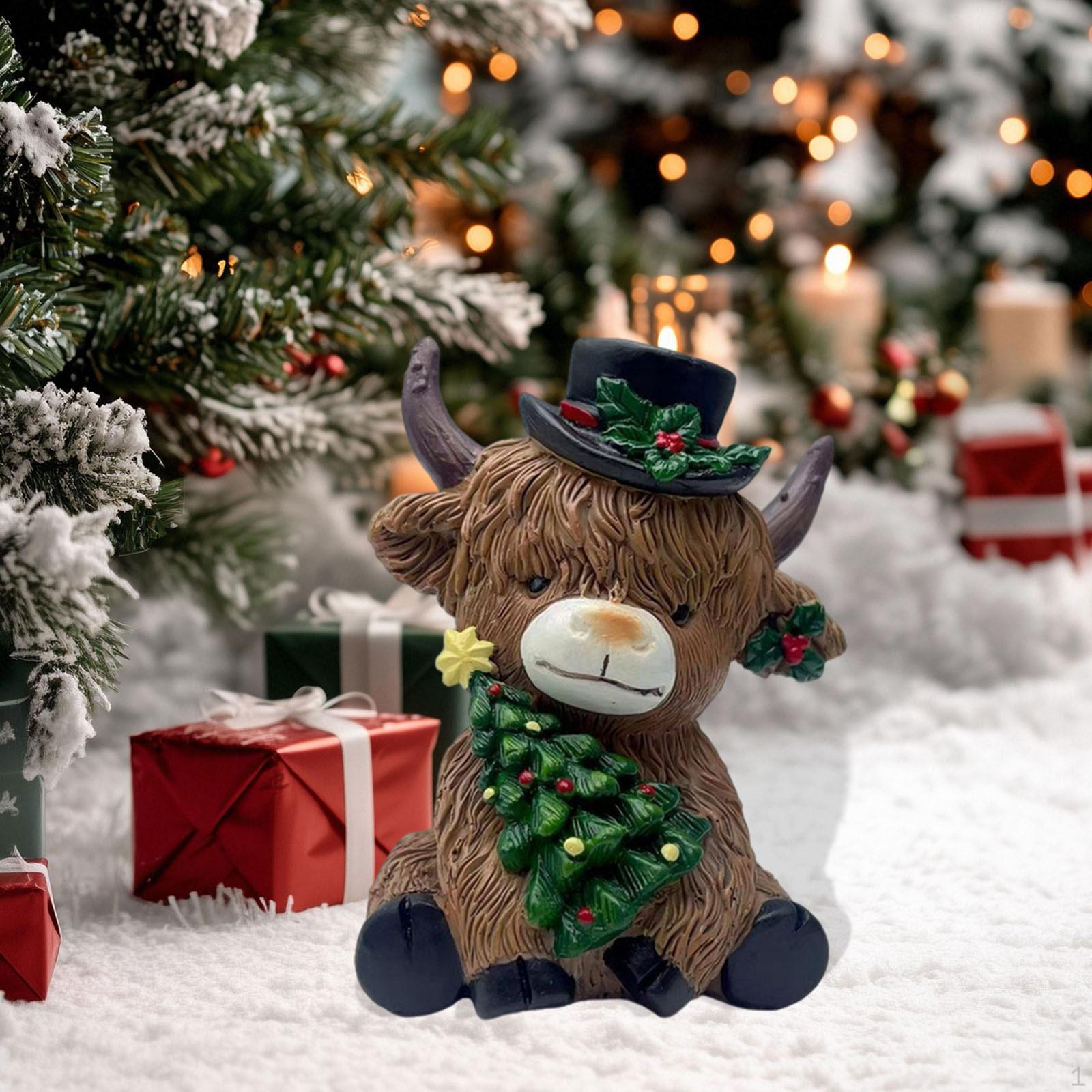 

Christmas Cow Statue Figurine Collection Festival Desktop Ornament for Shelf Farmhouse Dining Christmas Tree