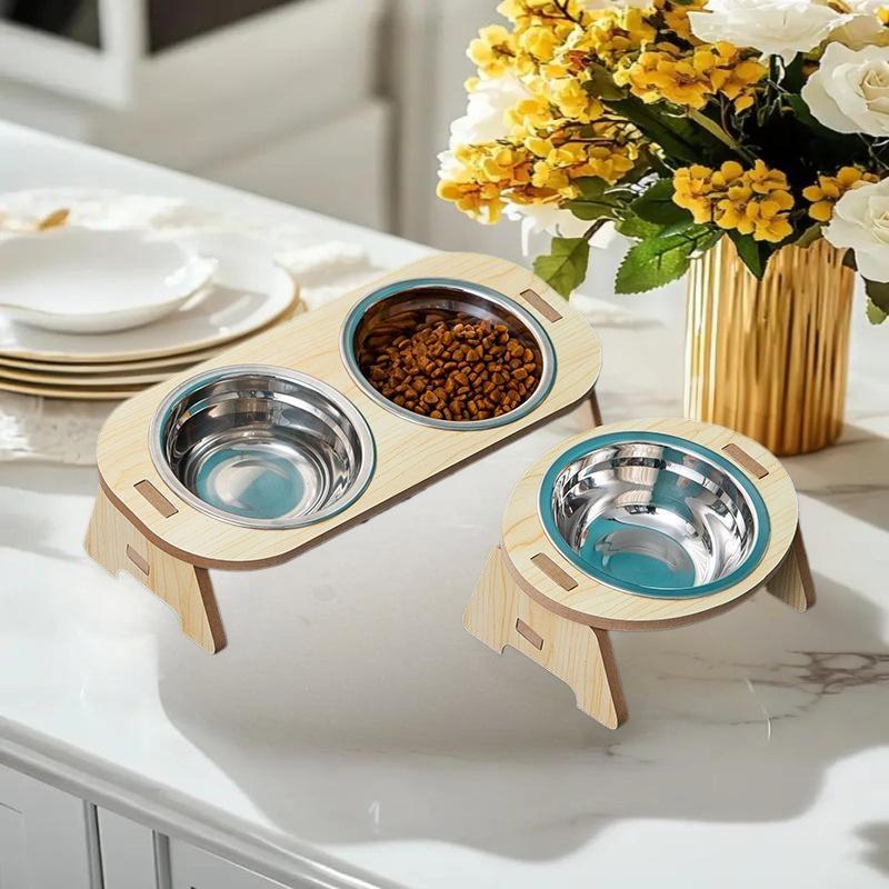 Cat And Dog Feeding Bowls Anti-tip Bowls Stainless Steel Pet Bowls With Wooden Supports Neck Protection Design 2 In 1 Water Bowl