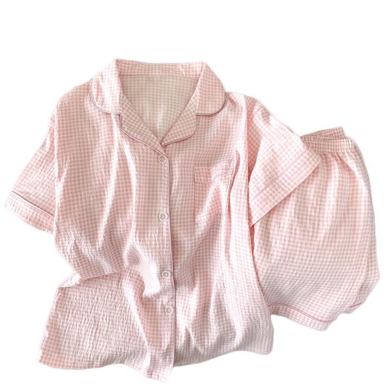 Two-Piece Cloud Cotton Short-Sleeved Shorts Pajamas Sweet Wind Pink Plaid Loungewear