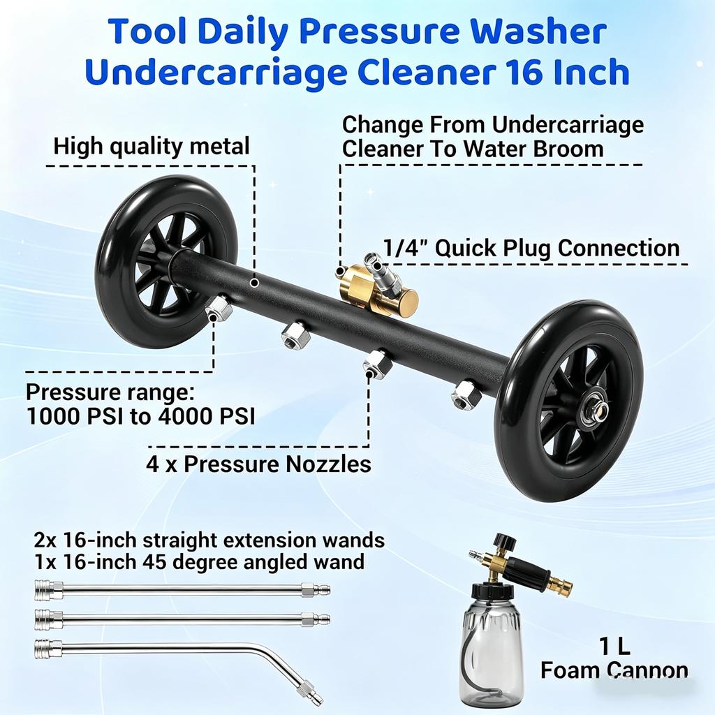 Pressure Washer Undercarriage Cleaner 1/4 Quick Connect with Extension Wands Water Broom Foam Cannon for Washing Car Garden