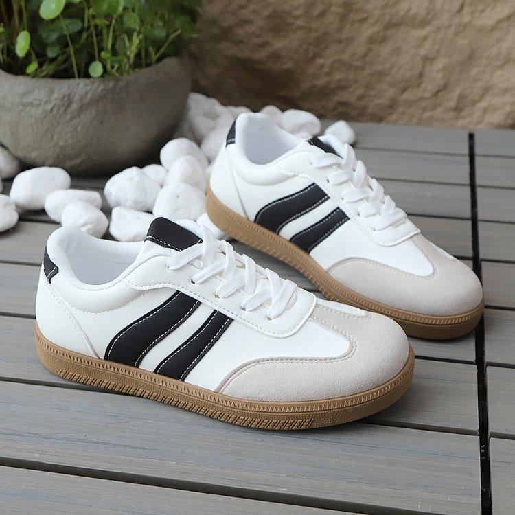 Concise Patchwork Sneakers Women Fashion Pu Leather Striped Sports Shoes Woman Low Top Lace Up Vulcanize Shoes Female for daily use