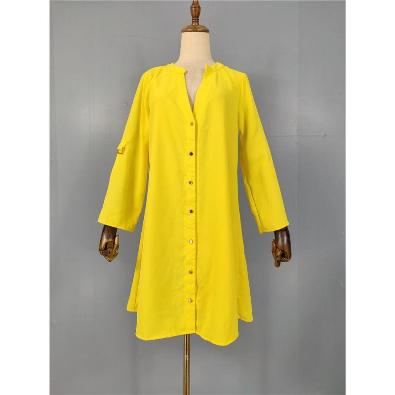 

Export Single Light Plaid Chiffon V-neck Double-Breasted Horn Long Sleeves A- line Skirt Bright Fluorescent Shirt Skirt Dress Yellow S