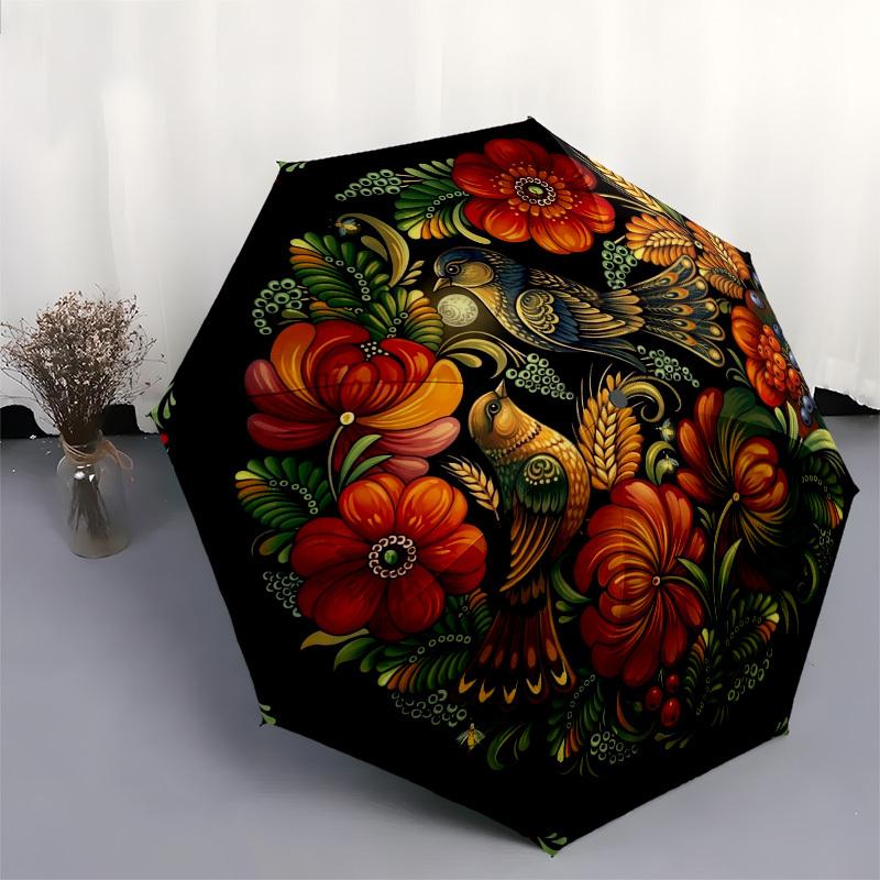 1pc Floral Art, Birds, Circular Design Umbrella with Plastic Handle,Compact & Stylish,Suitable for All Seasons YS331096