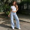 Girl's Bow Cherry Print Baggy Jeans, Wide Leg Mid Waisted Denim Pants, Zipper Fly Elastic Casual Jeans Streetwear with Pockets
