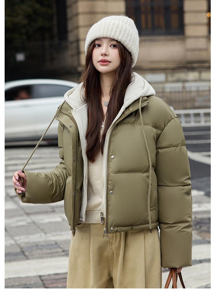 Fake Two-Piece Hooded Short Puffer Jacket With Drawstring