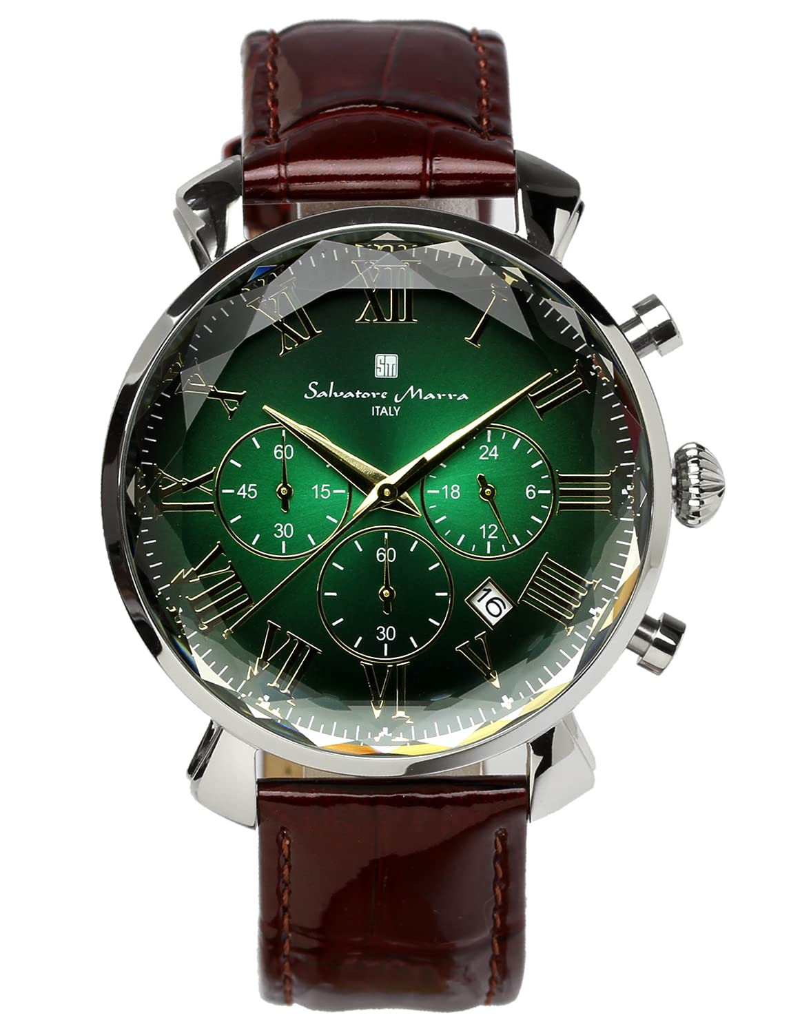 

Salvatore Marra Men s Chronograph Watch with Faceted Glass, Green and Brown, SM19104-SSGRGDBR