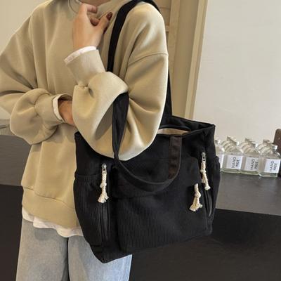 2026 New Vintage Women's Corduroy Tote Bag Multiple Pockets Shoulder Bag Large Capacity Commuting Handbag