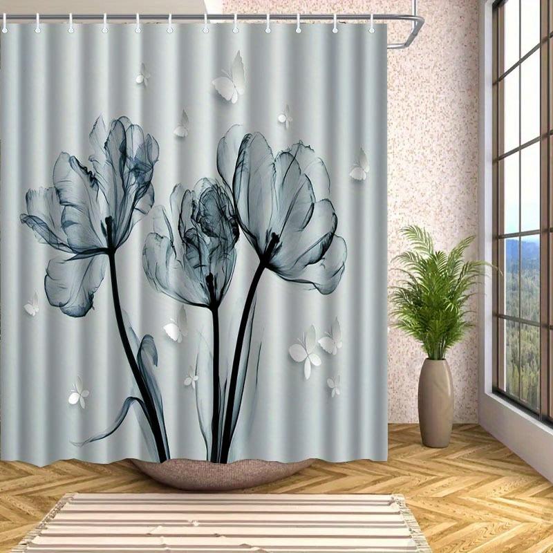 1Pc Elegant Blue Flower Shower Curtain With Hooks - Artistic Floral Design For Bathroom Decoration, Suitable For Home And Hotel