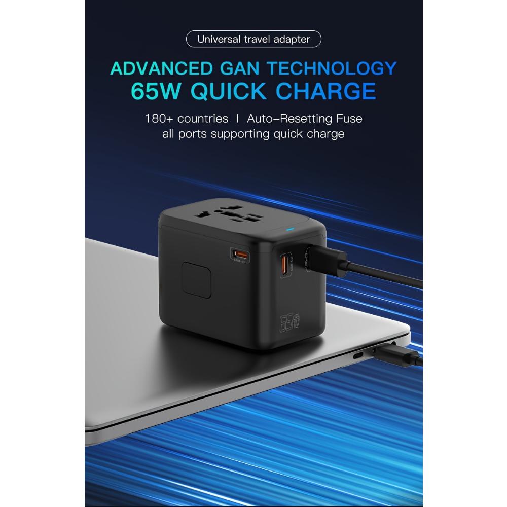 Travel Adapter, 65W Universal Travel Charger for iPhone, Laptop, Type A/C/G/I (US/UK/European Union/Australia)