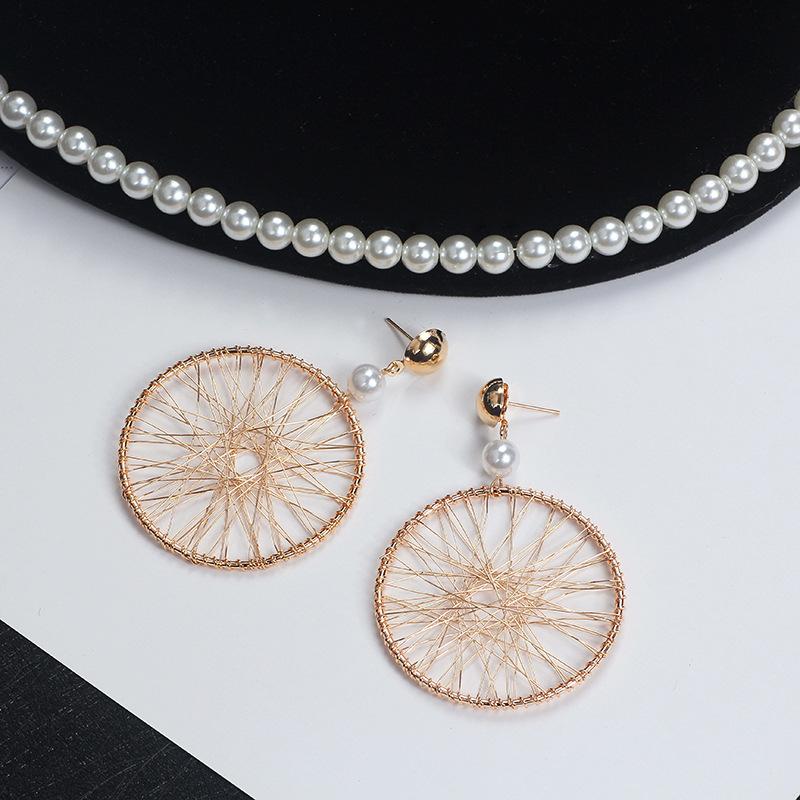 E1350 Fashion Mesh Pearl Earrings, Vintage Woven Metal Large Circle Earrings, Earrings Women
