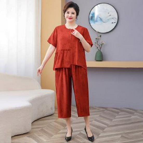 

Plus-Size Summer Two-Piece Set for Moms - Short Sleeve Cotton Linen Top & Casual Pants 4XL (145-160 lbs)