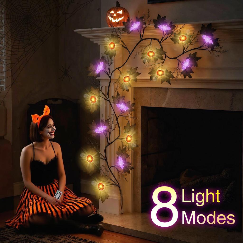 Halloween Lights Halloween Garland with Orange Pumpkin Bat Lights 8-Modes Battery Operated Waterproof Decorations for Indoor