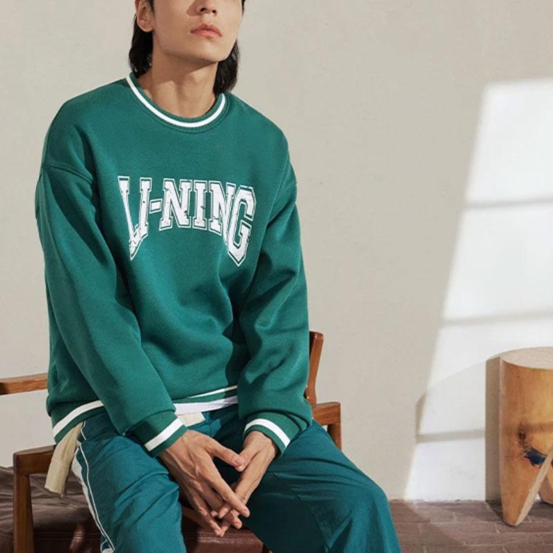 Li Ning Sports Lifestyle Series Letter Print Fleece Pullover Sweatshirt Unisex Sweatshirt Dark-Green AWDTB51-3
