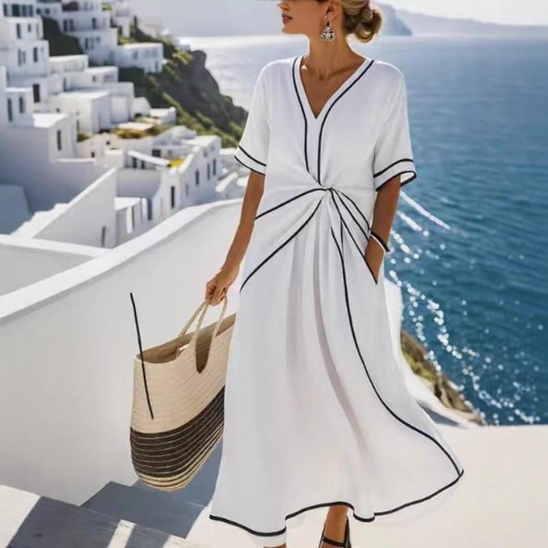 Women's Boho Contrast Trim Maxi Dress V Neck Short Sleeve Twist Waist Loose Elegant Summer Casual Office Vacation Long Dress