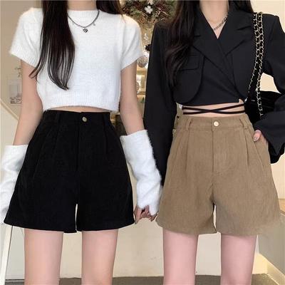 Damskie szorty sztruksowe z wysokim stanem - Jesień/Zima 2023 Moda Retro z szerokimi nogawkami