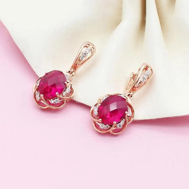 Exquises Boucles d'Oreilles Fleur Rubis de Luxe pour Femmes Plaqué Or Rose Cuivre Incrusté Ovale Mode Boucles d'Oreilles Mariage Zircon Cadeau