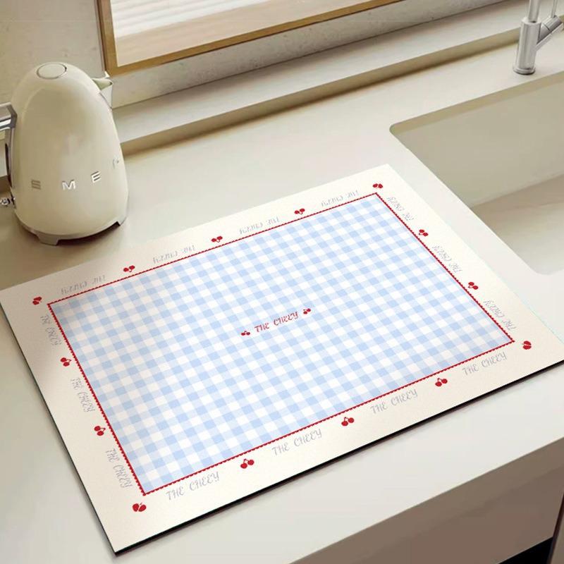 

Blue Gingham Cherry Printed Kitchen Sink Mat Non Slip Absorbent Dish Drying Pad Red Heart Border Cute Kawaii Design Easy Clean (as the picture,20x30cm)