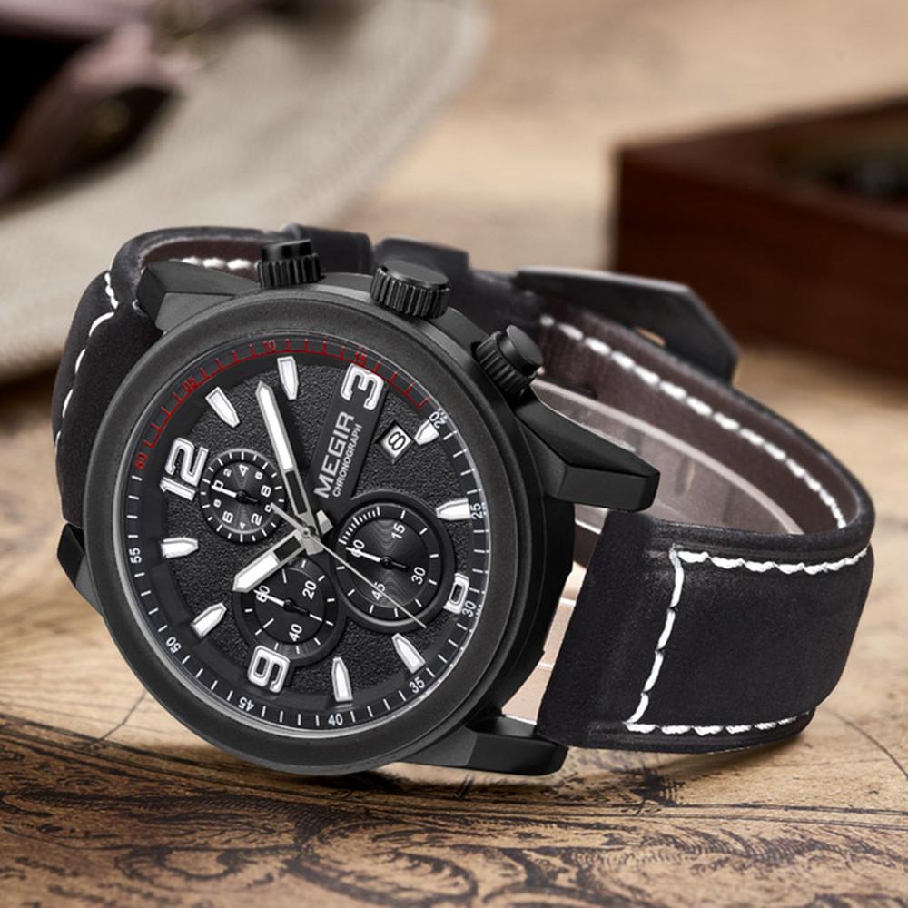 Megir Chronogragph Luksusmerke Kvarts Herreklokker Mote Skinn Sportsklokke Herre Luminous Army Militære armbåndsur