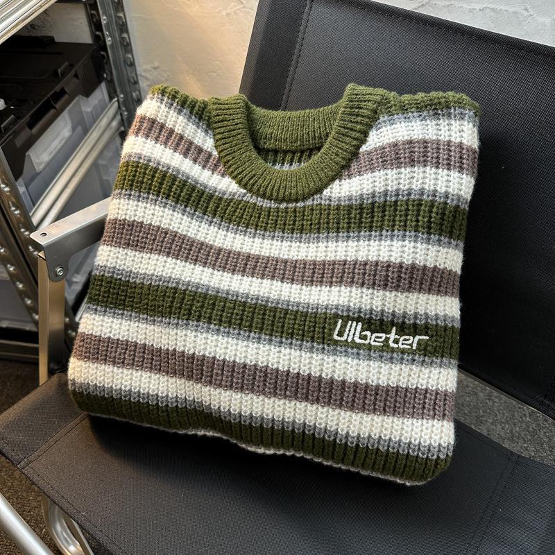 Men's Japanese Retro Striped Sweater - Thick Knit, Round Neck, Loose Fit for Autumn/Winter