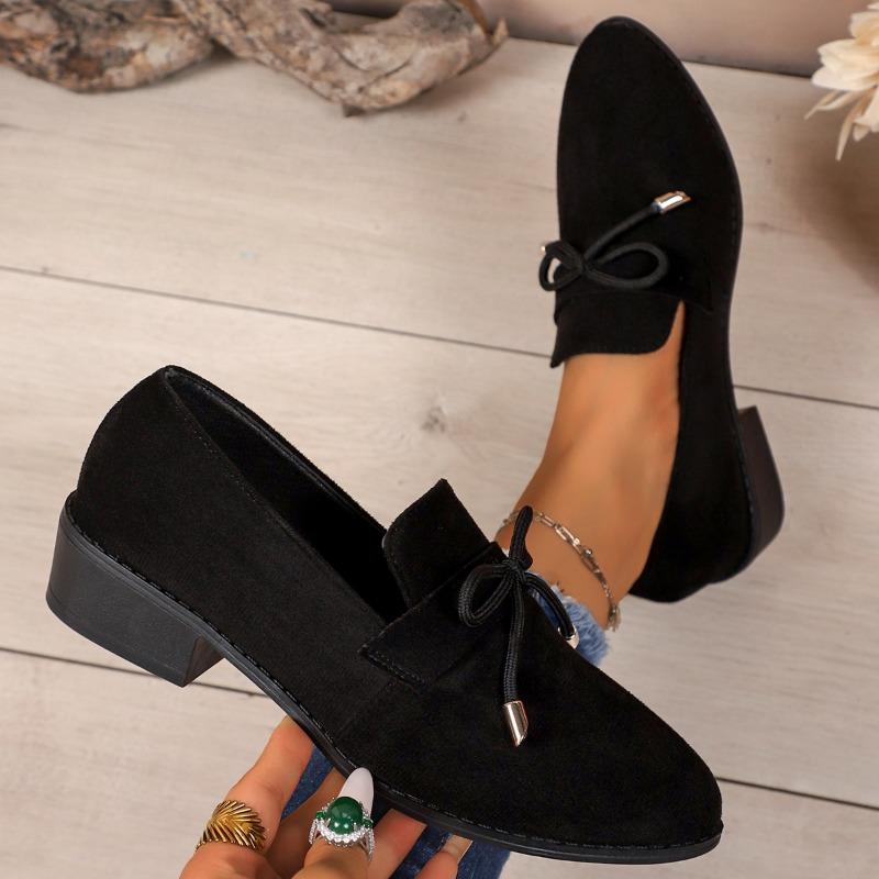 Women's Loafers Pointed Toe Square Heel Butterfly-knot One Kick Shoes All-match Retro Plus-size Spring and Autumn Single Shoes