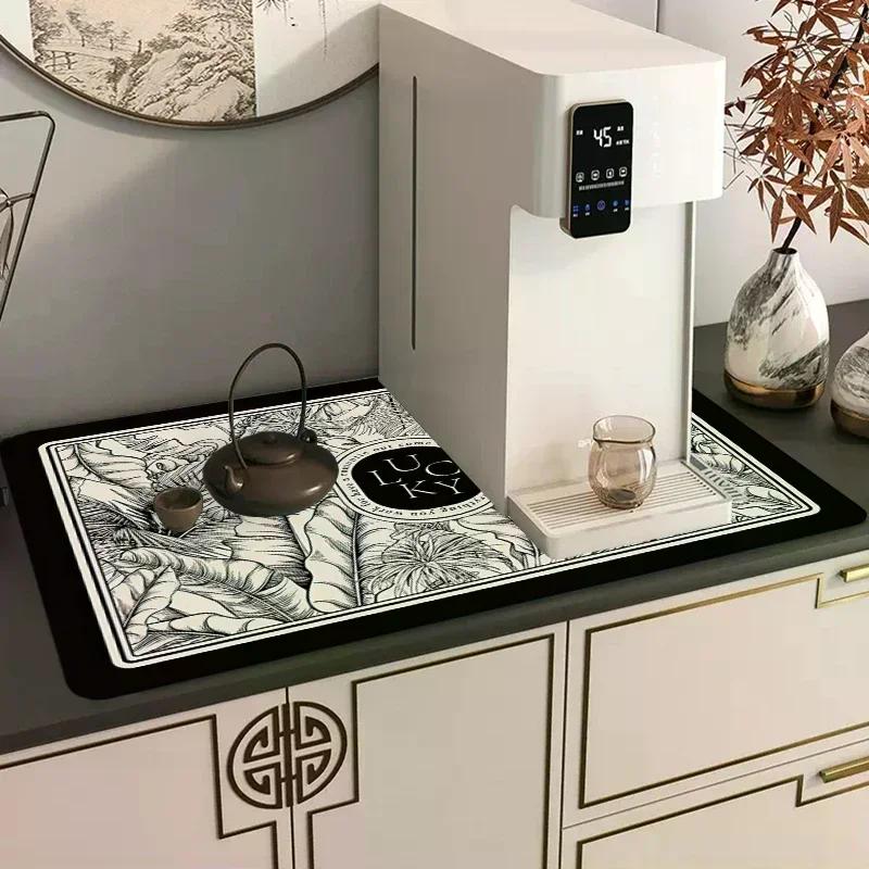 Printed Dish Drying Mat Super Absorbent Coffee Drain Pad Tableware Draining Pad Quick Dry Rug Kitchen Dinnerware Placemat