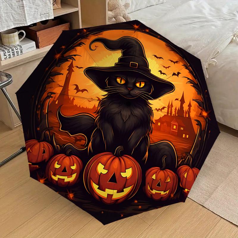 1PC Halloween Cat Automatic 8-Bone Folding Umbrella - Durable Polyester & Iron Frame,Userfriendly Operation y250929126