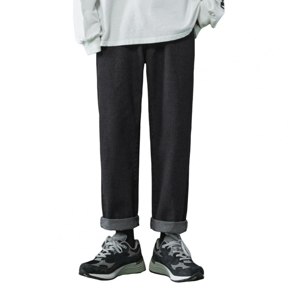 

Мужские летние повседневные джинсы средней посадки с застежкой-молнией на пуговицы, джинсовые брюки прямого покроя с широкими штанинами, однотонные длинные брюки с карманами M чёрный