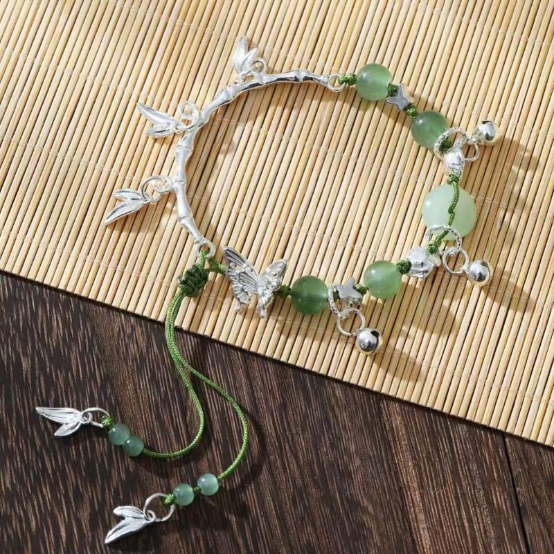 Chinese Style Jewelry Lucky Beads Weaving Alloy Bracelet Pendant Chain Glass Bead Butterfly Bracelet Charm Stretchable Wristband