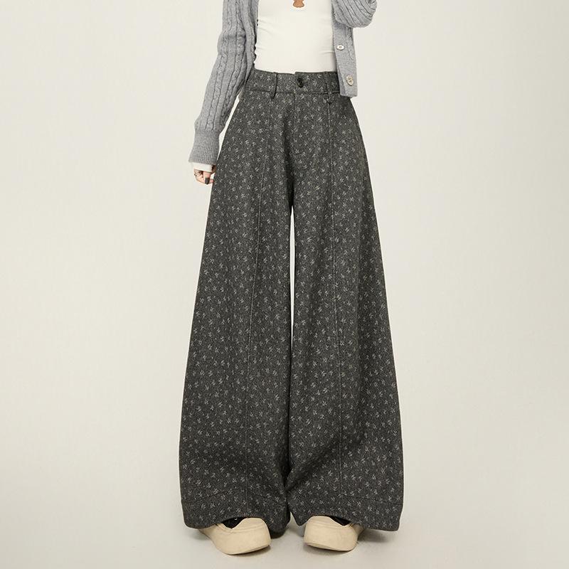 

Women s Retro Floral High-Waist Woolen Wide-Leg Pants – Velvet, Slimming, and Scissor-Leg Style for Autumn/Winter 2025 S темно-серого