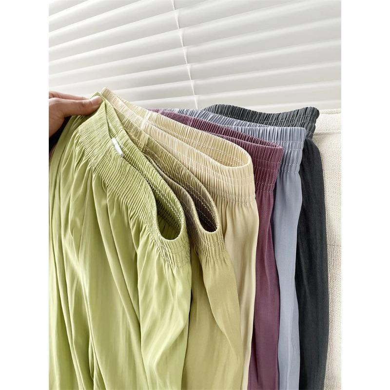 Summer Thin Loose Wide Leg Pants Women's Ice Silk Casual Pants Elegant Elastic Waist Straight Trousers Lady Sport Pant