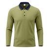 Men Striped Contrast Collar Long Sleeve Polo Shirt, 3 Button Placket Textured Lightweight Business Casual Golf Collared Top Multiple Colors