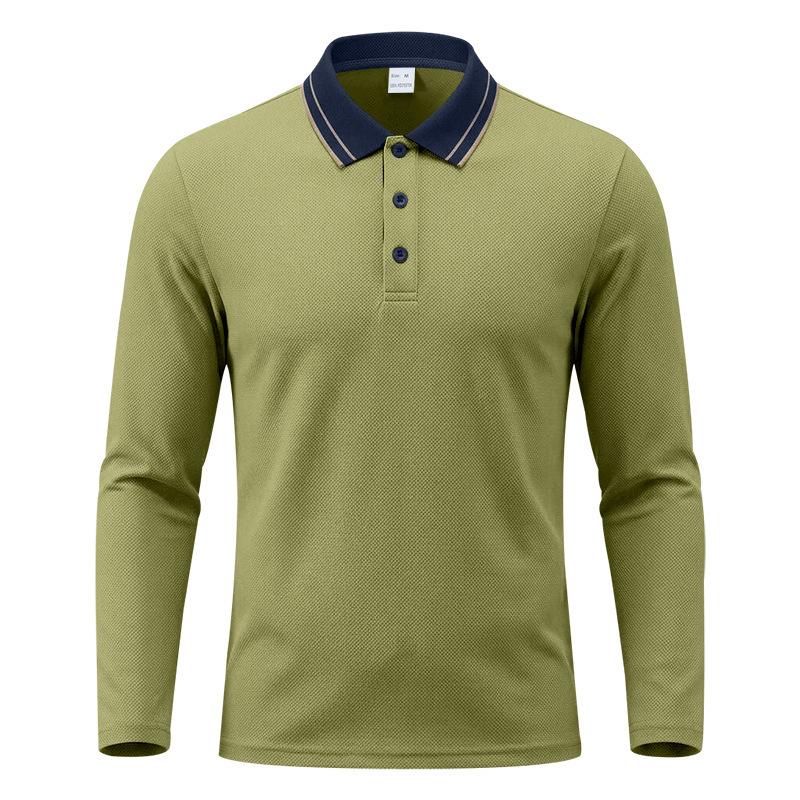 Men Striped Contrast Collar Long Sleeve Polo Shirt, 3 Button Placket Textured Lightweight Business Casual Golf Collared Top Multiple Colors