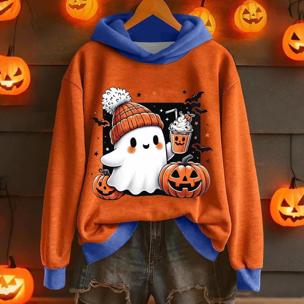 Ladies' Casual And Fashionable Halloween Printed Long Sleeved Hooded Warm Shirt Loose And Comfortable Hoodie