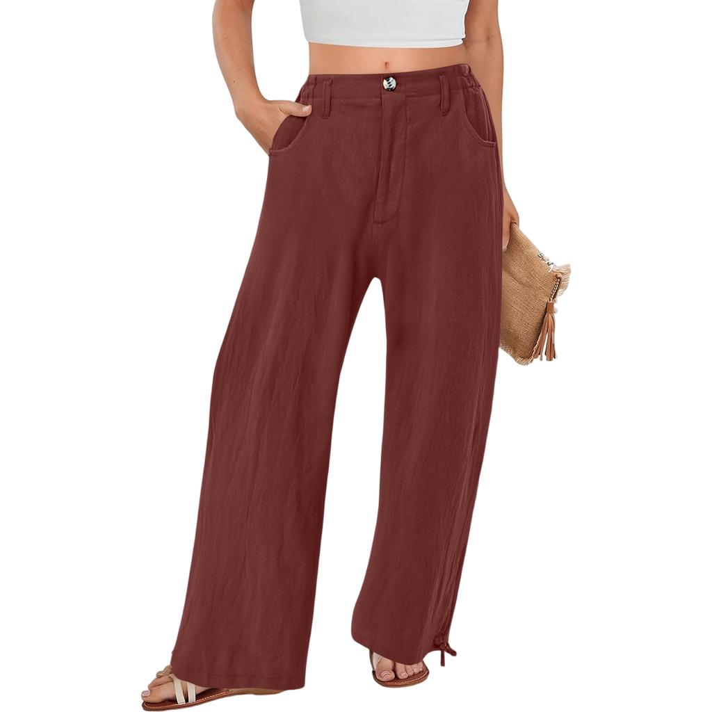 Summer Cotton Linen Wide Leg Pants Women Loose Palazzo Pant Pocket Elastic Waist Button Casual Pants