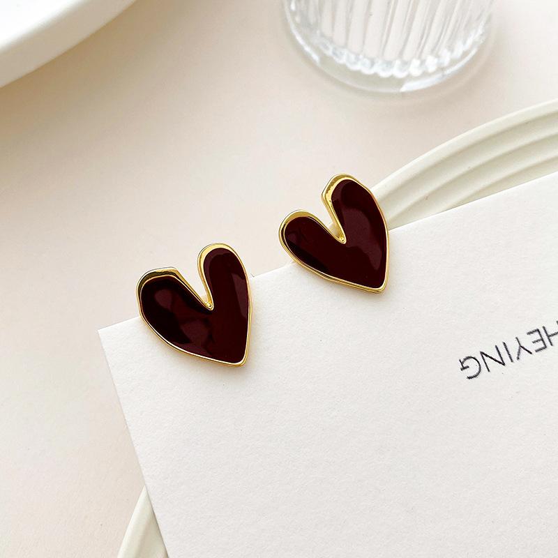 Wine Red Heart Stud Earrings Irregular Sweet Love Enamel Korean Fashion Women s Small Earrings Retro Boho Ear Zircon