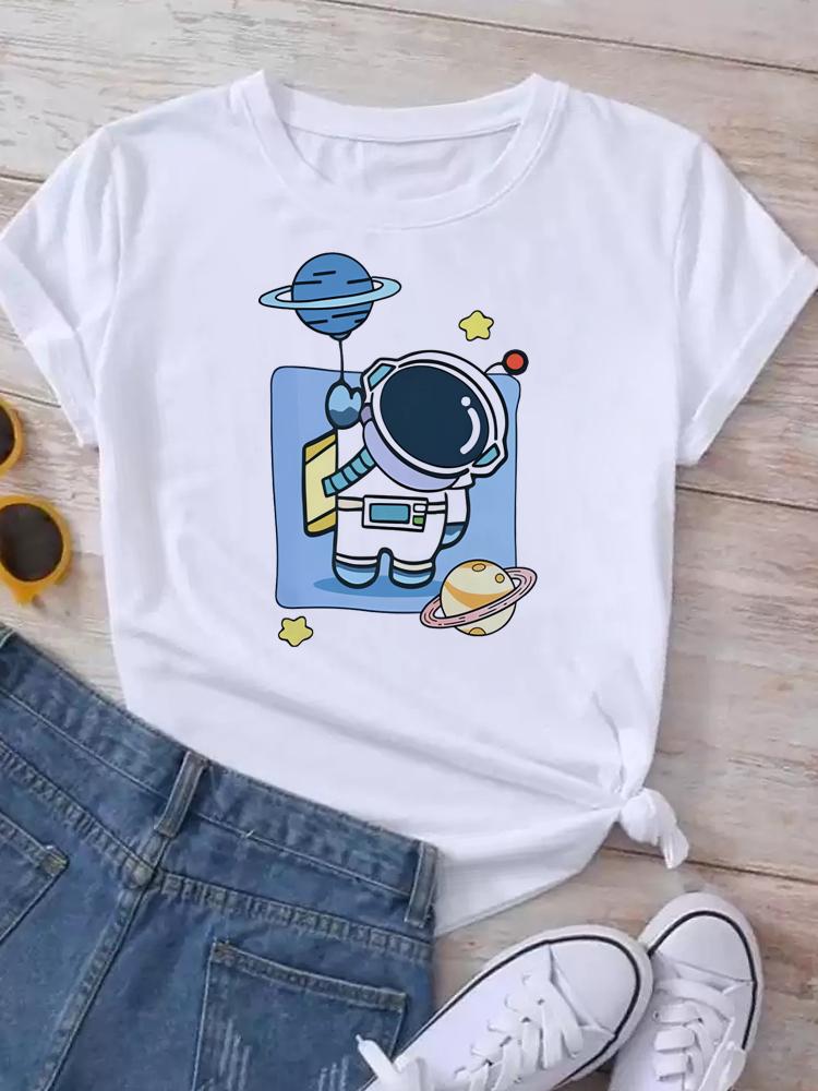 Maycaur T Shirt Women Moon Planet Print Fashion Tee Shirts Casual Round Neck Short Sleeve Streetwear Female T-Shirt Vintage Tops