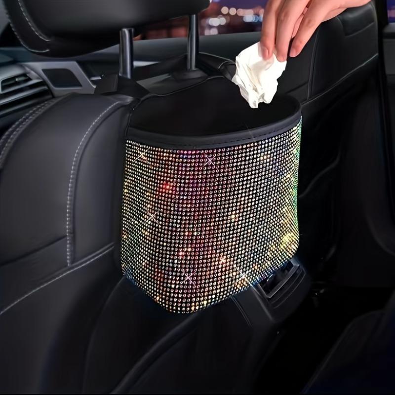 Sparkling Bling Rhinestones Car Trash Can Durable & Convenient Hanging Storage Bag for Seat Back Multifunctional Space-Saving Car Interior Accessory