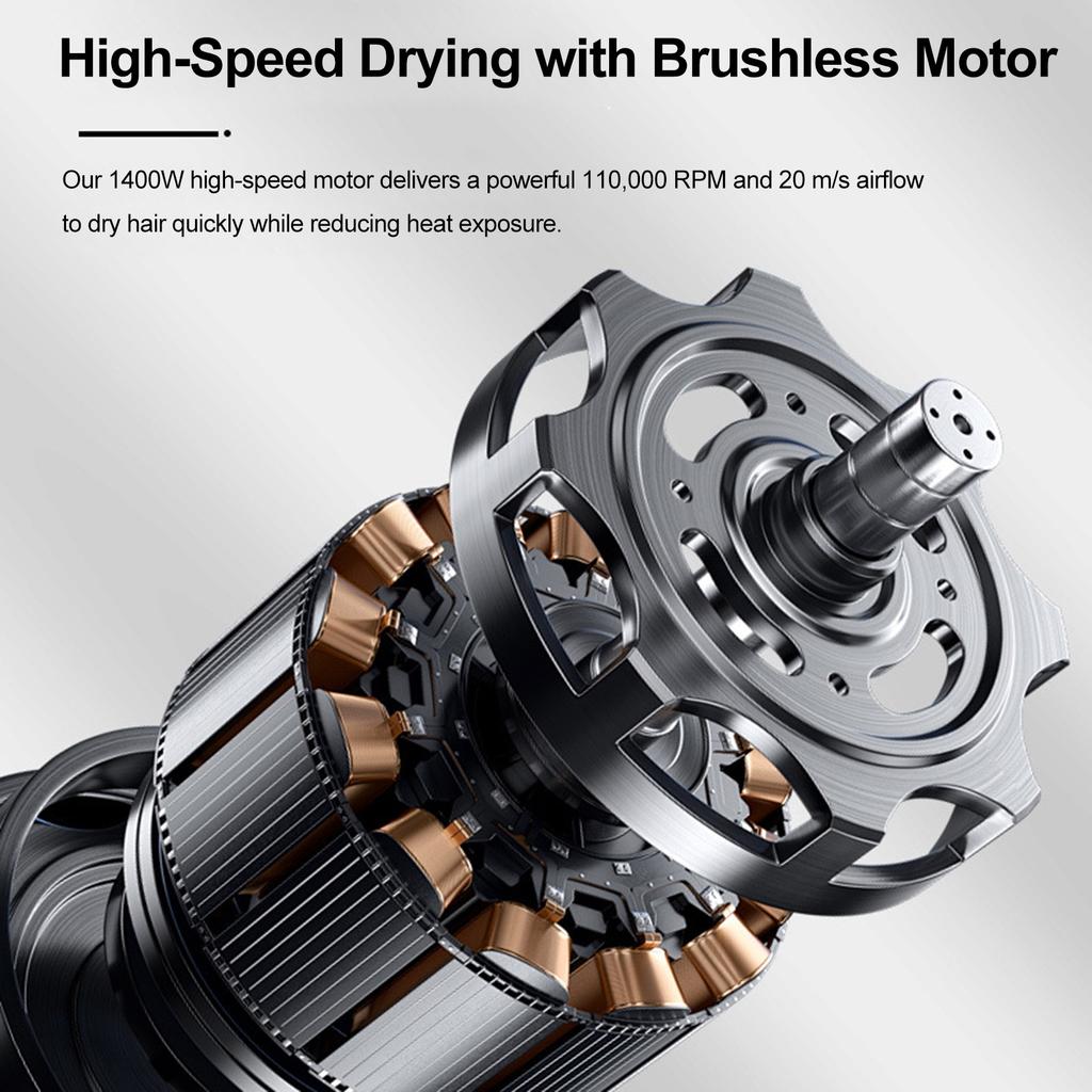 1400W High-Speed Hair Dryer with 110,000 RPM Brushless Motor, 20 MCelsiuss Airspeed, Red Light Hair Care Dryer, Magnetic Concentrator Nozzle, 5 Heat a