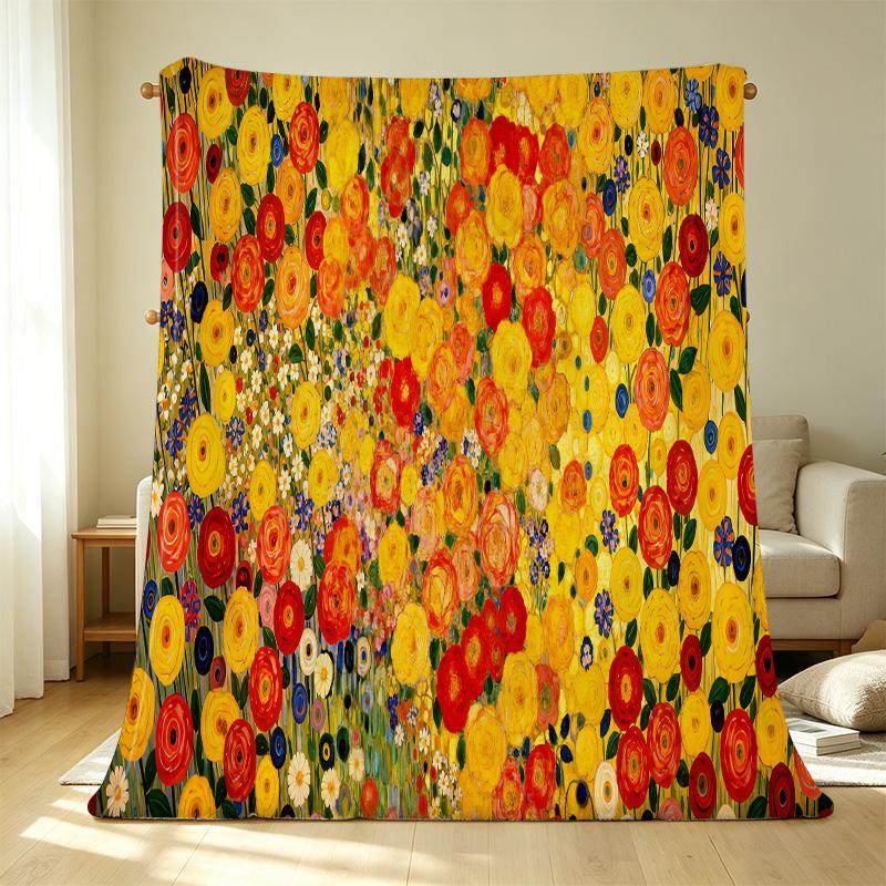 Klimt Floral Collection Hemmed Flannel Blanket - Soft Cozy Warm Artistic Throw for Home, Sofa Napping, Bedroom, Christmas & Halloween Use