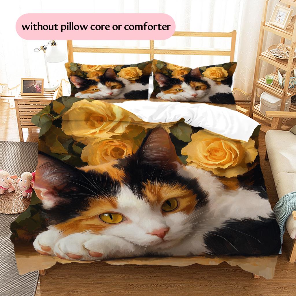 Calico Cat and Fresh Flowers Pattern Bedding Home Decoration Birthday Gift (1 * Duvet Cover + 2 * Pillowcase, Without Core)