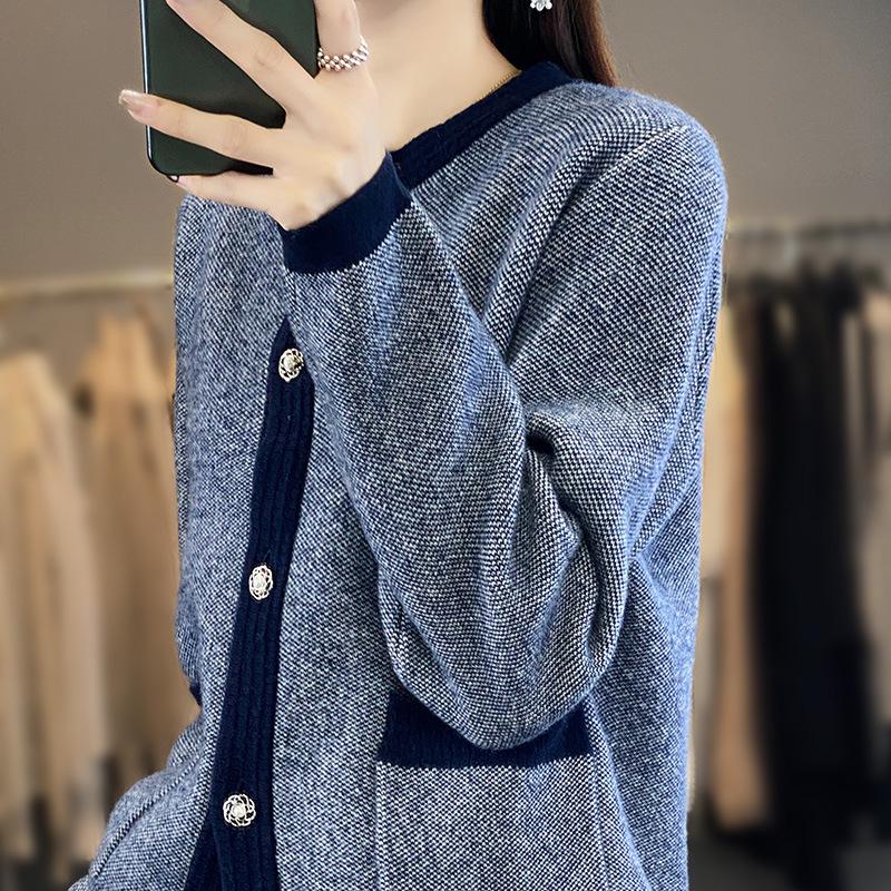Women's Pure Wool Color Block Cardigan - Round Neck Knit Sweater for Autumn/Winter