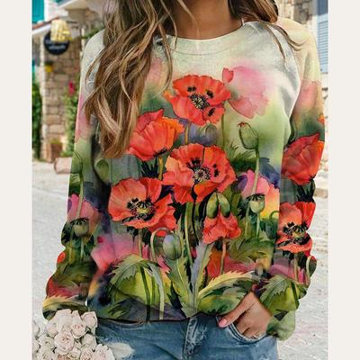 Herbstmode Langarm O Hals Blume gedruckt Damen Pullover T Shirt Bluse Top
