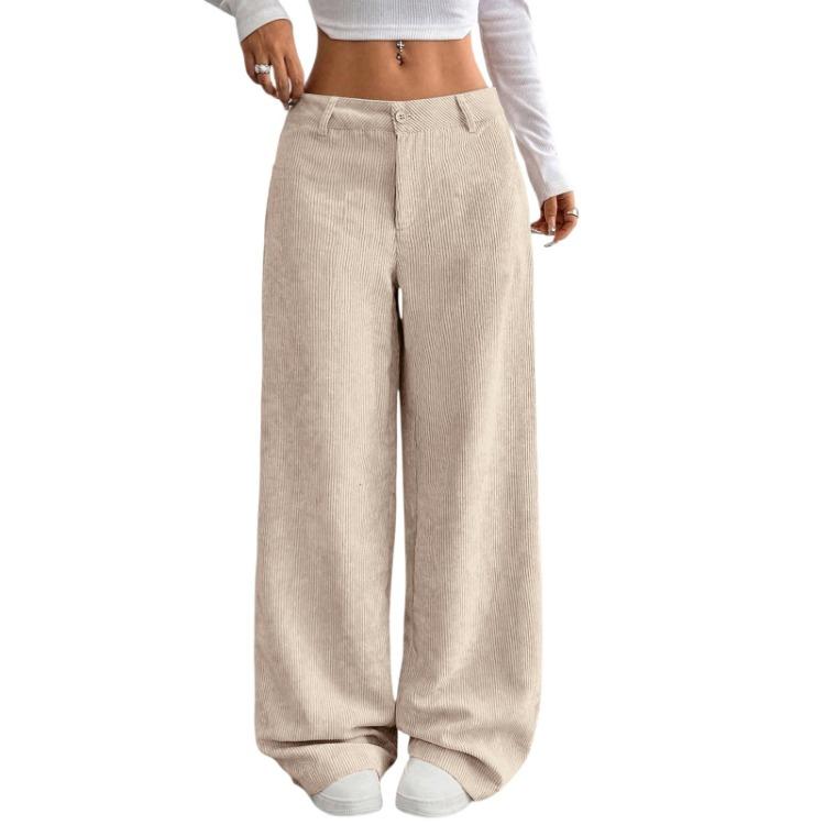 Pantaloni a Coste da Donna Larghi Comodi Casual Vita Elastica Gamba Dritta Con Tasche