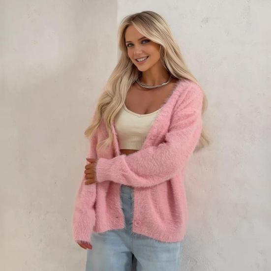 Women Sweater Coat V-Neck Long Sleeve Buttons Placket Knitting Coat Pure Color Elastic Fabric Loose Fit Casual Sweater