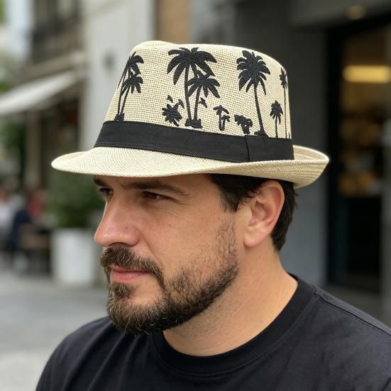 Yousheng Vacation Beach Hat, Straw Woven Sun Protection Hat with Coconut Tree Pattern, Retro Jazz Style Hat for Summer Vacations Pool Parties