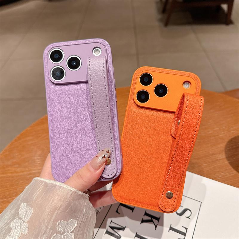 Leather Texture Wristband Holder Phone Case for iPhone 17 Air 16E 15 14 Plus 13 12 11 Pro Max Plain Color Matte Shockproof Cover
